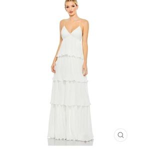 Mac Duggal Spaghetti Strap Ruffle Layered Maxi Dress White SZ 18 NEW